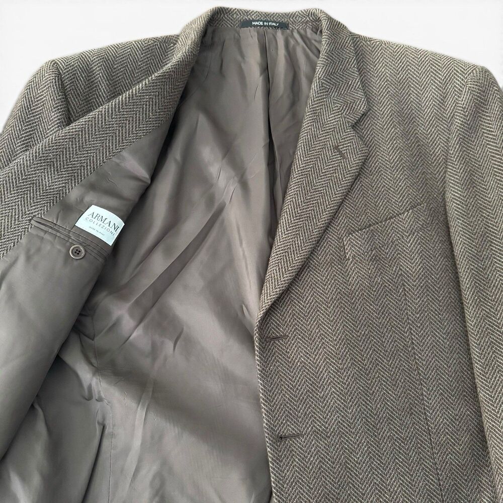 Armani‎ Collezioni Wool Cashmere Blazer 42R Stretch Tweed Houndstooth Italy VTG